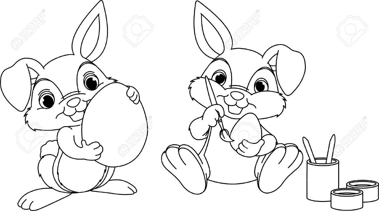 Easter bunny painting eggs coloring page royalty free svg cliparts vectors and stock illustration image