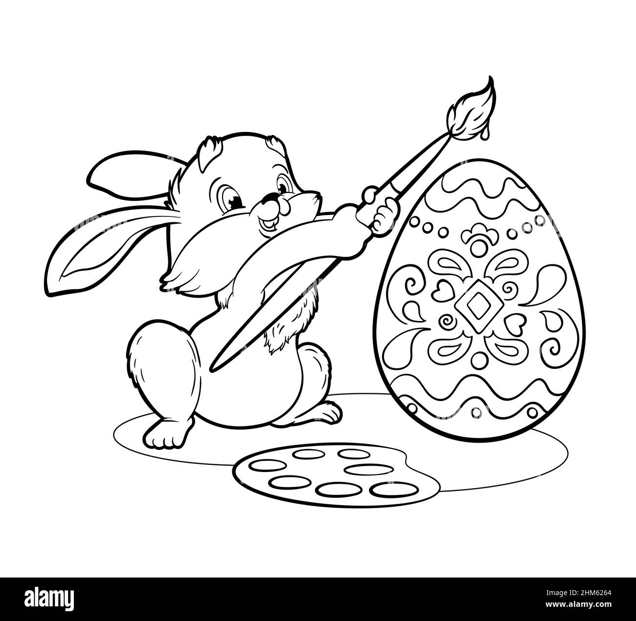 Coloring book cute easter bunny painting an easter egg with a brushvector illustration in a flat cartoon style black and white line art stock vector image art