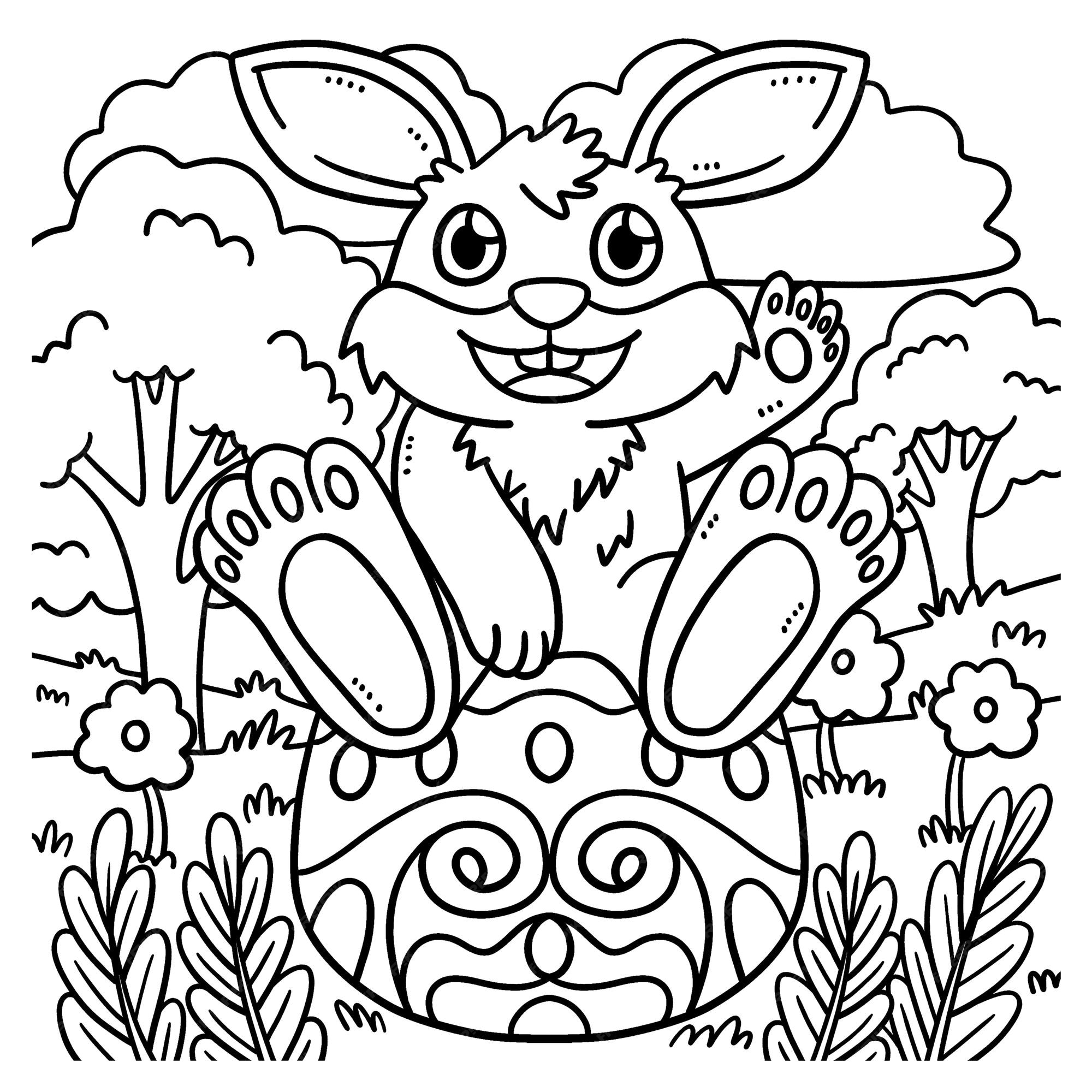 Premium vector bunny sitting on easter egg coloring page