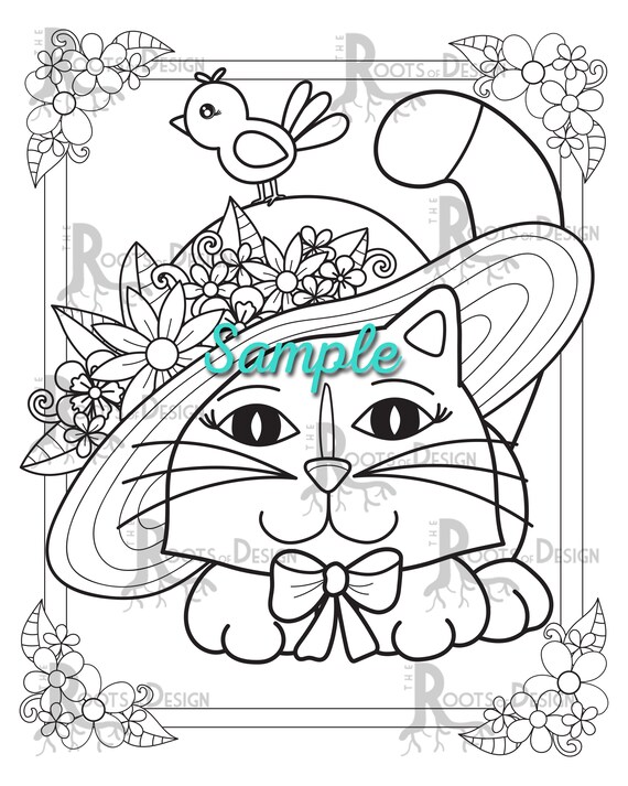 Instant download coloring page cute cat in easter bonnet doodle art printable instant download