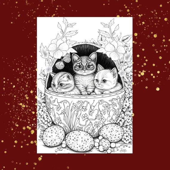 Happy easter cats coloring pages for children and adults instant download