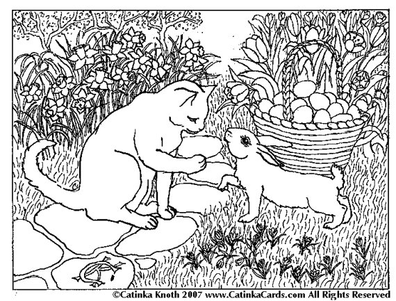 Bunny cat greet spring egg basket coloring page flowers easter