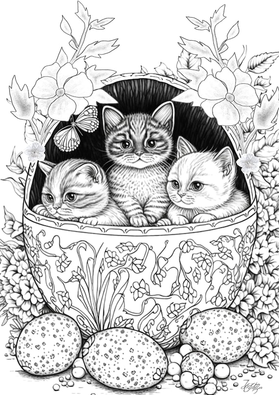 Happy easter cats coloring pages for children and adults instant download