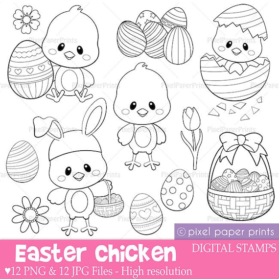 Easter chicken digital stamps clipart line art graphics to create coloring pages worksheets crafts more png and jpg printable