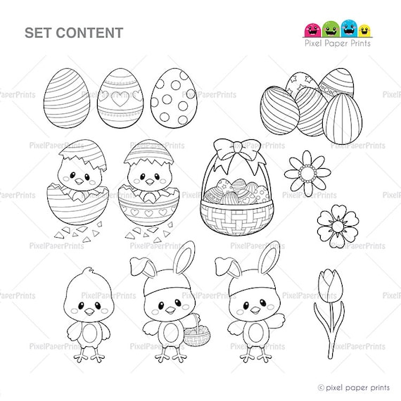 Easter chicken digital stamps clipart line art graphics to create coloring pages worksheets crafts more png and jpg printable