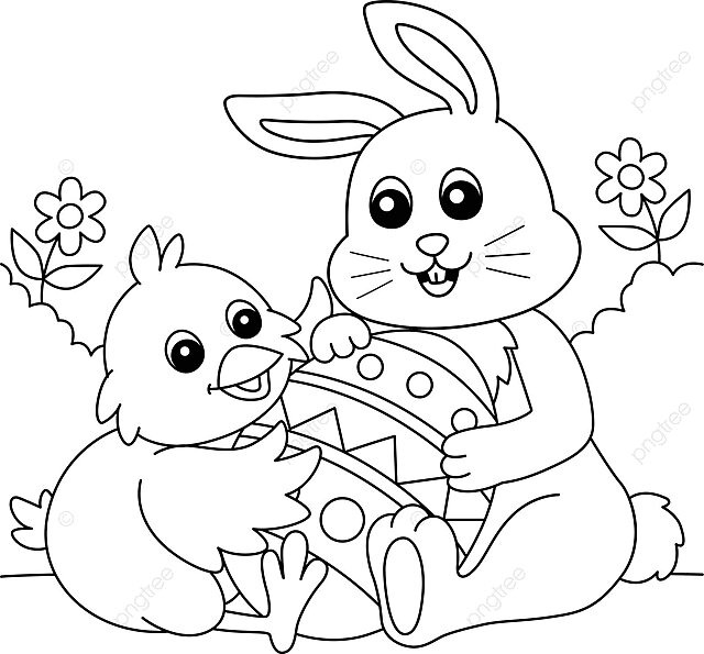 Coloring page of a bunny and chick embracing an easter egg vector illustration holding egg white png and vector with transparent background for free download