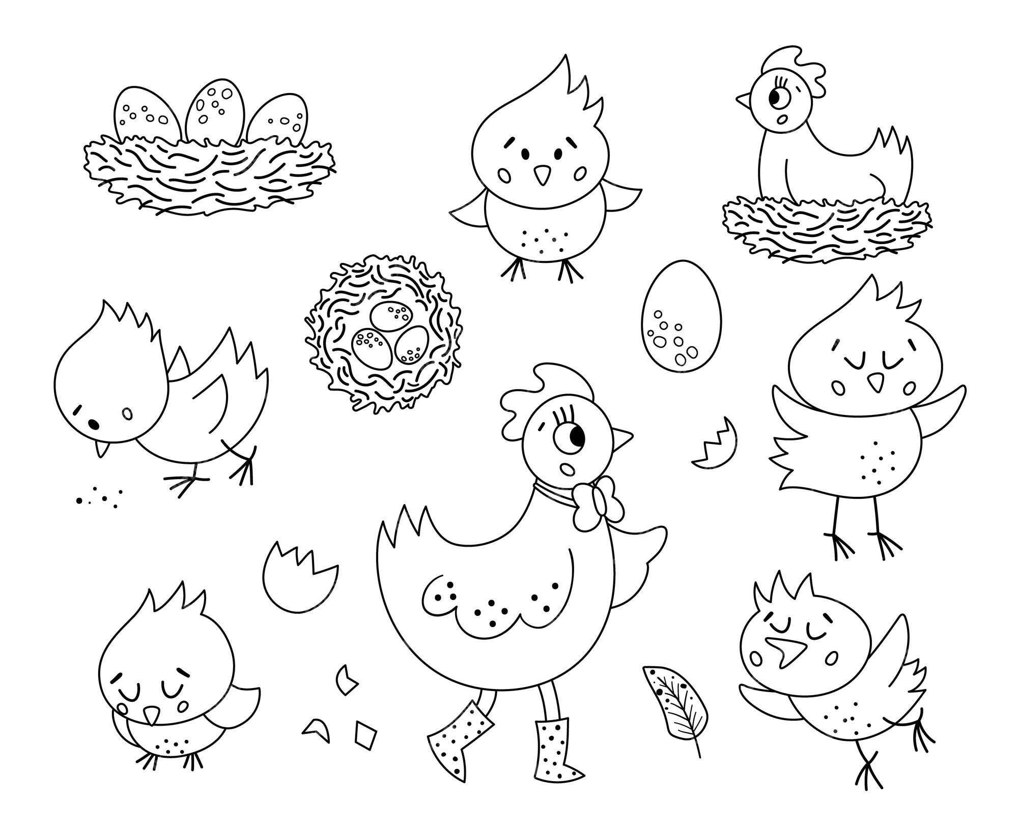 Premium vector vector black and white set with cute hen little chicks eggs nest spring or easter funny outline illustration or coloring page for kids farm bird icons pack xa