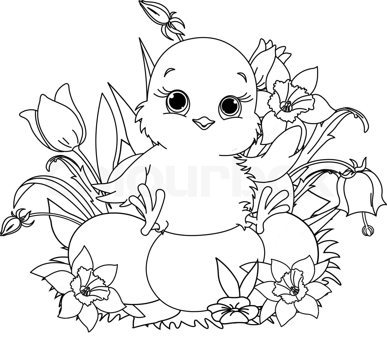 Newborn chick sitting on easter eggs coloring page stock vector