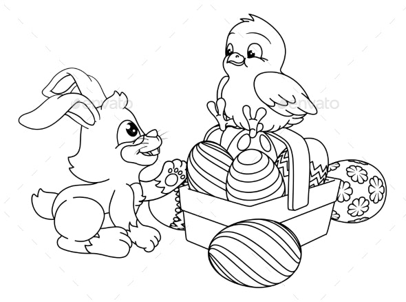 Easter eggs bunny and chick coloring book cartoon vectors