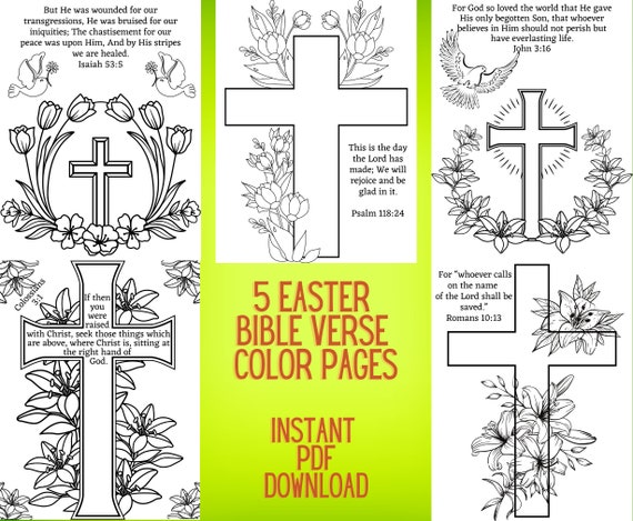 Resurrection bible verse coloring pages easter flower cross coloring sheets instant pdf printable easter activity for children and adults