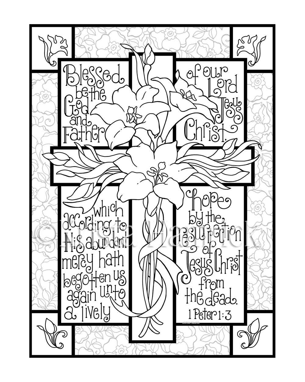 Easter lily cross coloring page in two sizes x bible journaling tip