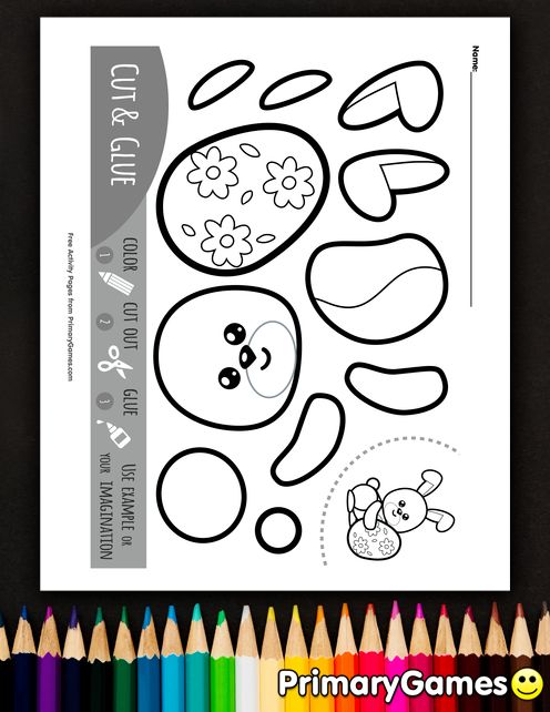 Black and white bunny with easter egg cut and glue activity page â free printable ebook easter worksheets glue craft easter templates printables