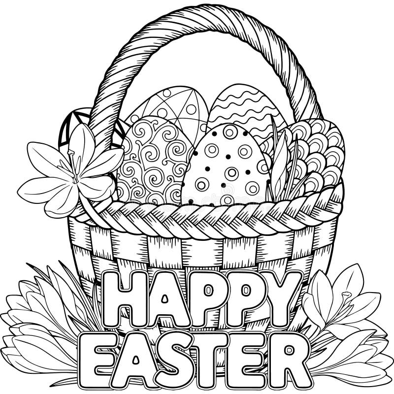 Happy easter black and white doodle easter eggs in the basket coloring book for adults for relax and meditation vector isolated stock vector