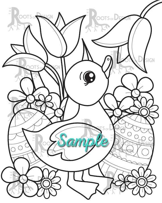 Instant download coloring page cute easter duck doodle art printable