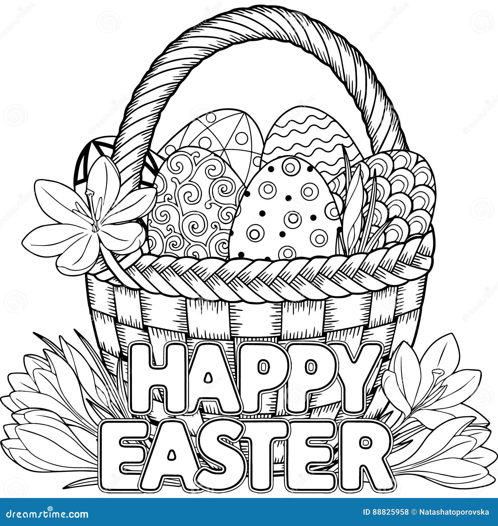 Happy easter black and white doodle easter eggs in the basket coloring book for adults for relax and meditation vector isolated stock vector