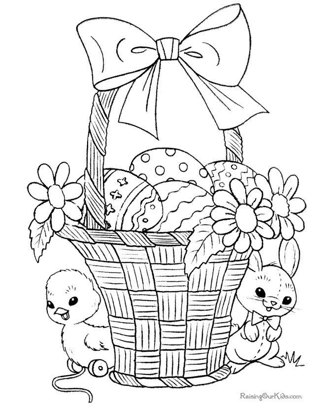 Easter basket coloring page with easter bunny eggs and duck