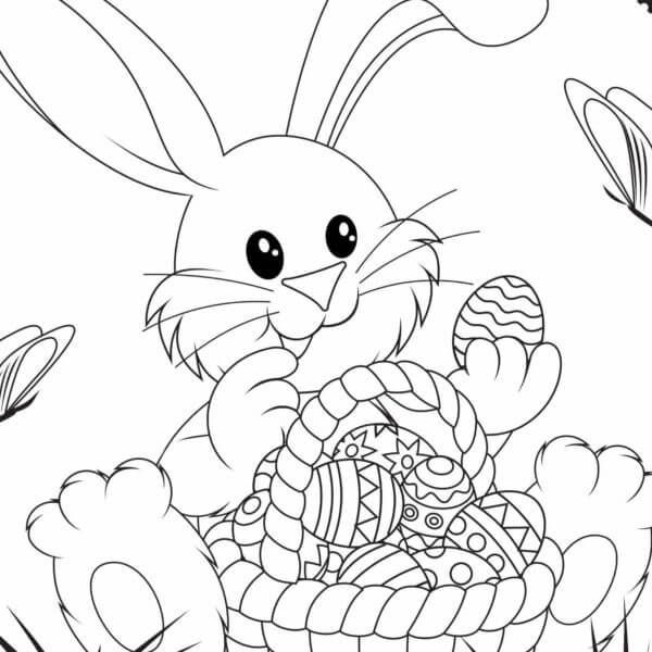 Cute bunny with basket easter eggs coloring page