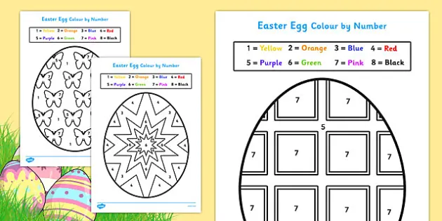 Easter lour by numbers sheets easter eggs