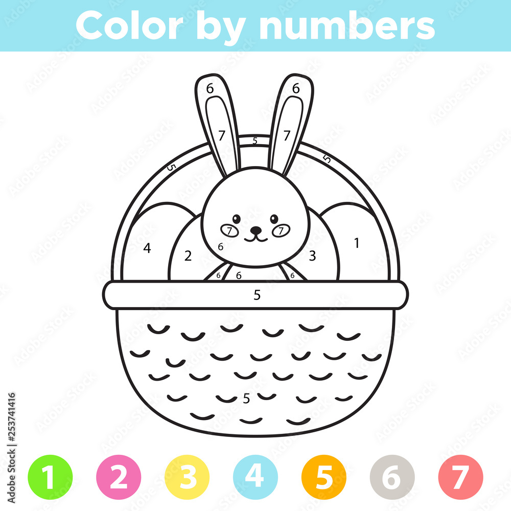 Color by number for preschool and school kids coloring page or book with easter eggs and rabbit in the basket vector illustration vector