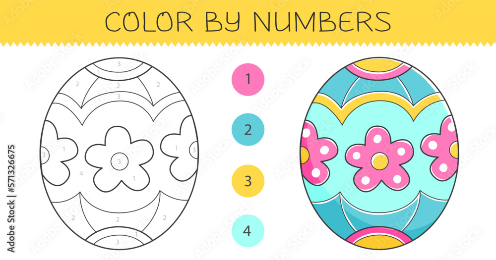 Color by numbers coloring book for kids with easter egg coloring page with cute cartoon easter egg with an example for coloring monochrome and color versions vector illustration vector