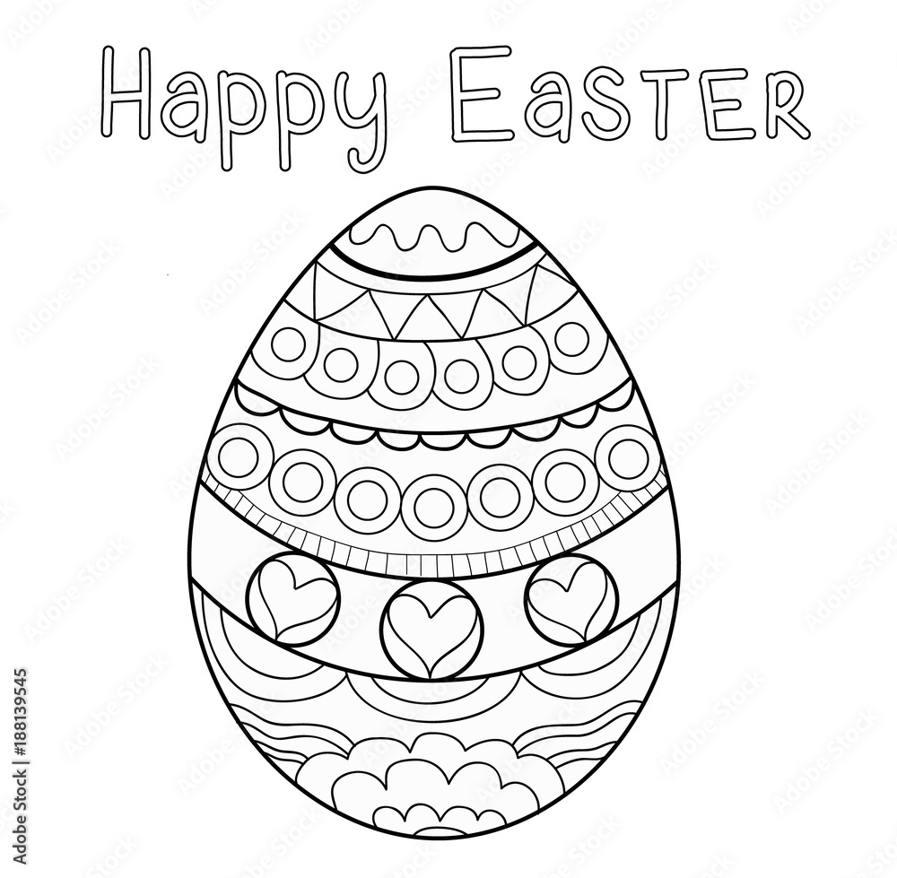 Coloring page picture with happy easter egg black and white easter egg with pattern and writing vector