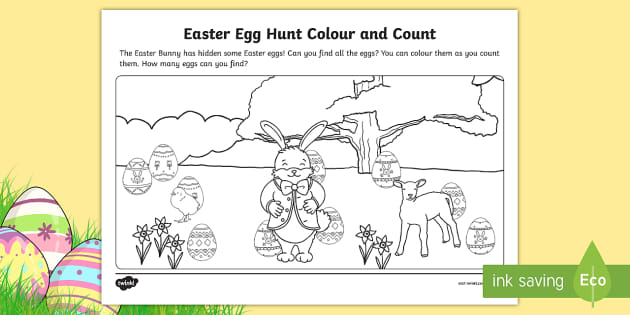 Easter egg hunt color and count worksheet teacher