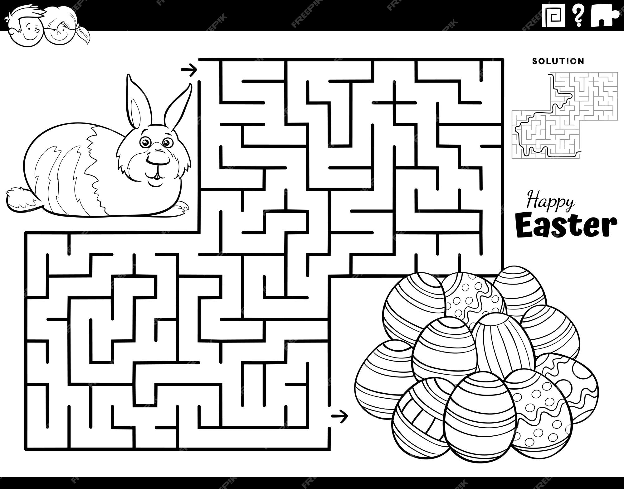 Premium vector maze with easter bunny and easter eggs coloring page