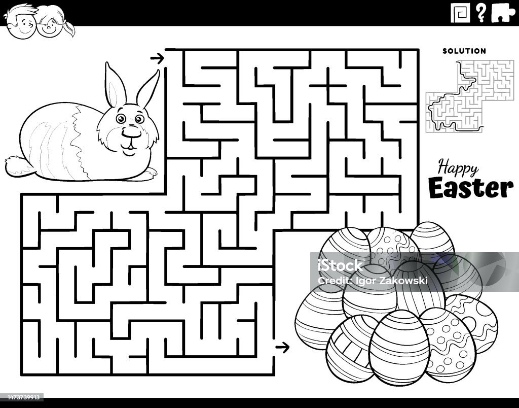 Maze with easter bunny and easter eggs coloring page stock illustration