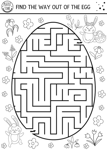 Premium vector easter black and white maze for children with cute bunnies in egg shape holiday outline preschool printable activity funny spring garden game or coloring page find the way out