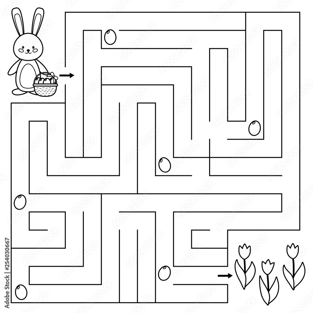 Spring maze game for preschool kids coloring page help the bunny find all easter eggs vector illustration vector