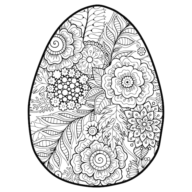 Premium vector vector doodle coloring book page or adult easter egg in mandala style detailed black contour flowers pattern on white background