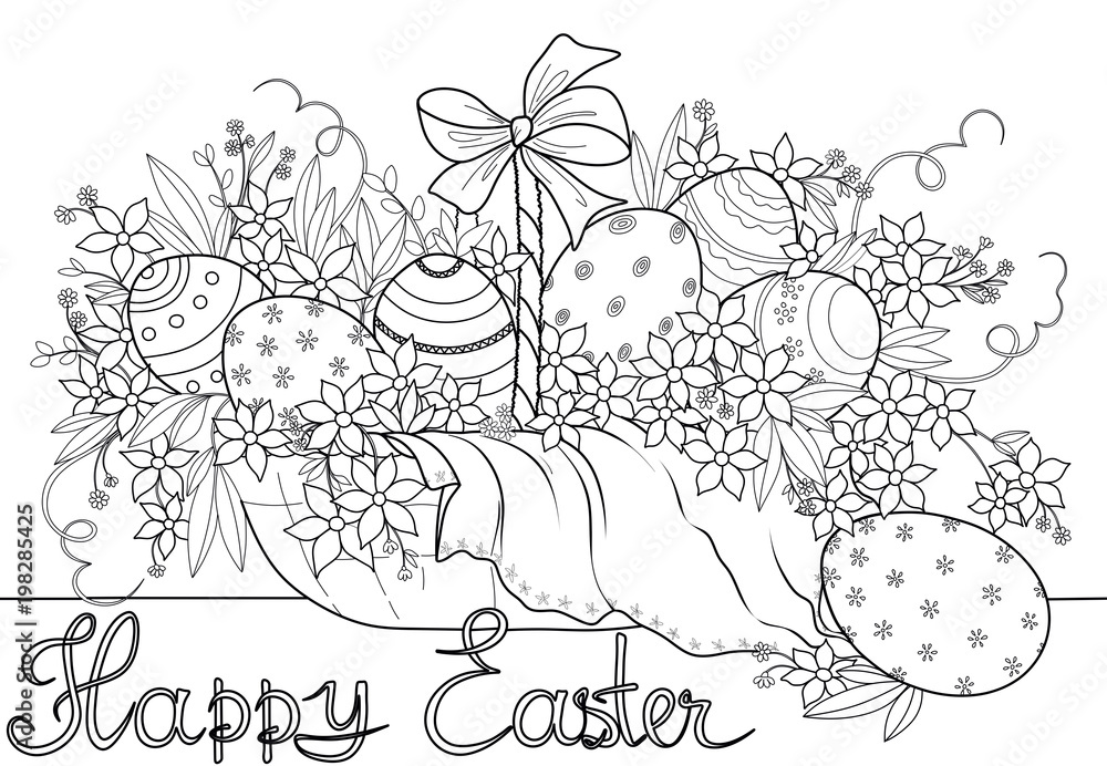 Easter eggs in a festive basket with spring flowers coloring page illustration