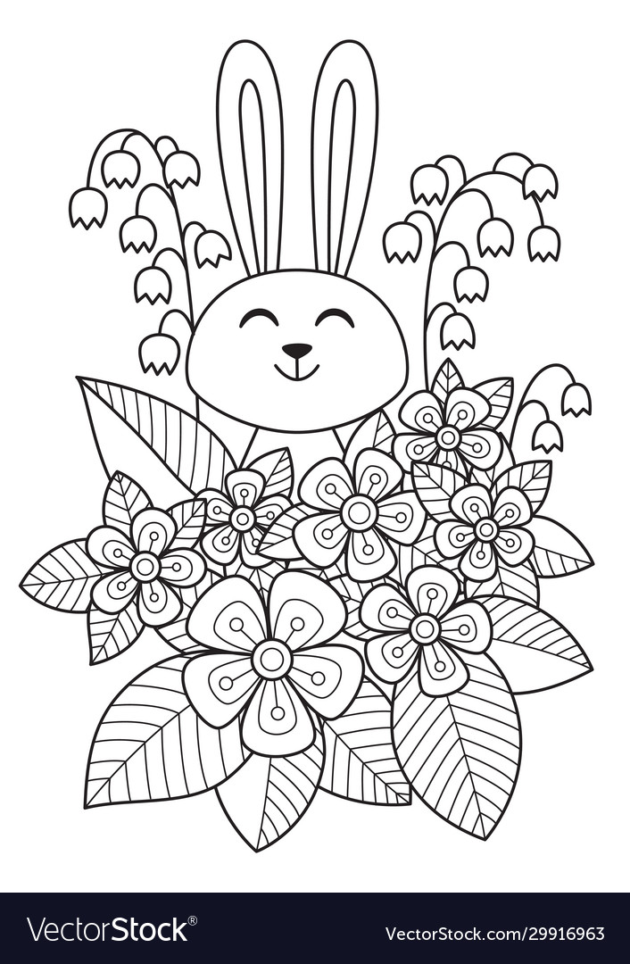 Cute easter bunny in flowers doodle coloring book vector image