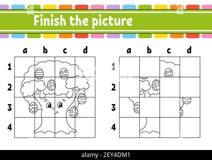 Easter theme finish the picture coloring book pages for kids education developing worksheet game for children handwriting practice cartoon chara stock vector image art