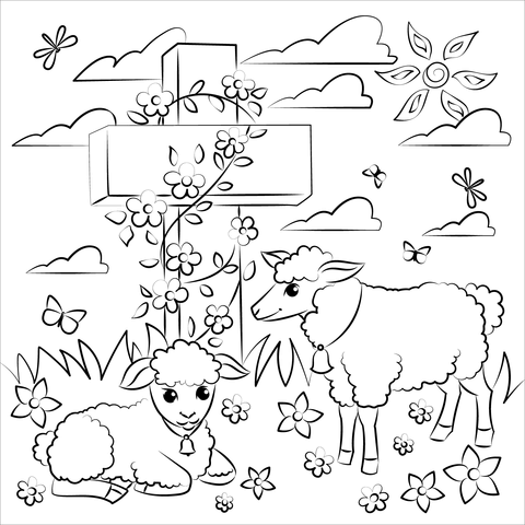 Easter lambs and jesus cross coloring page free printable coloring pages