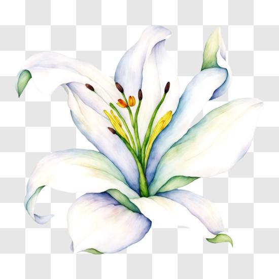 Download beautiful white lily flower with green leaves and yellow center png online