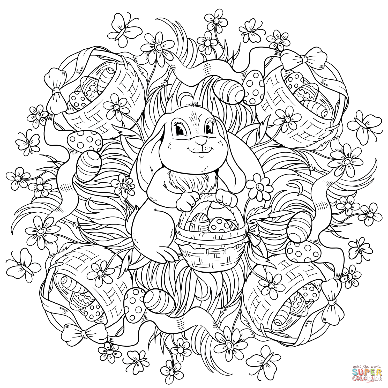 Easter mandala with a rabbit and baskets full of eggs coloring page free printable coloring pages