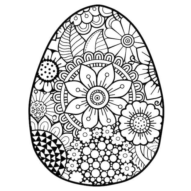 Premium vector vector doodle coloring book page or adult easter egg in mandala style detailed black contour flowers pattern on white background