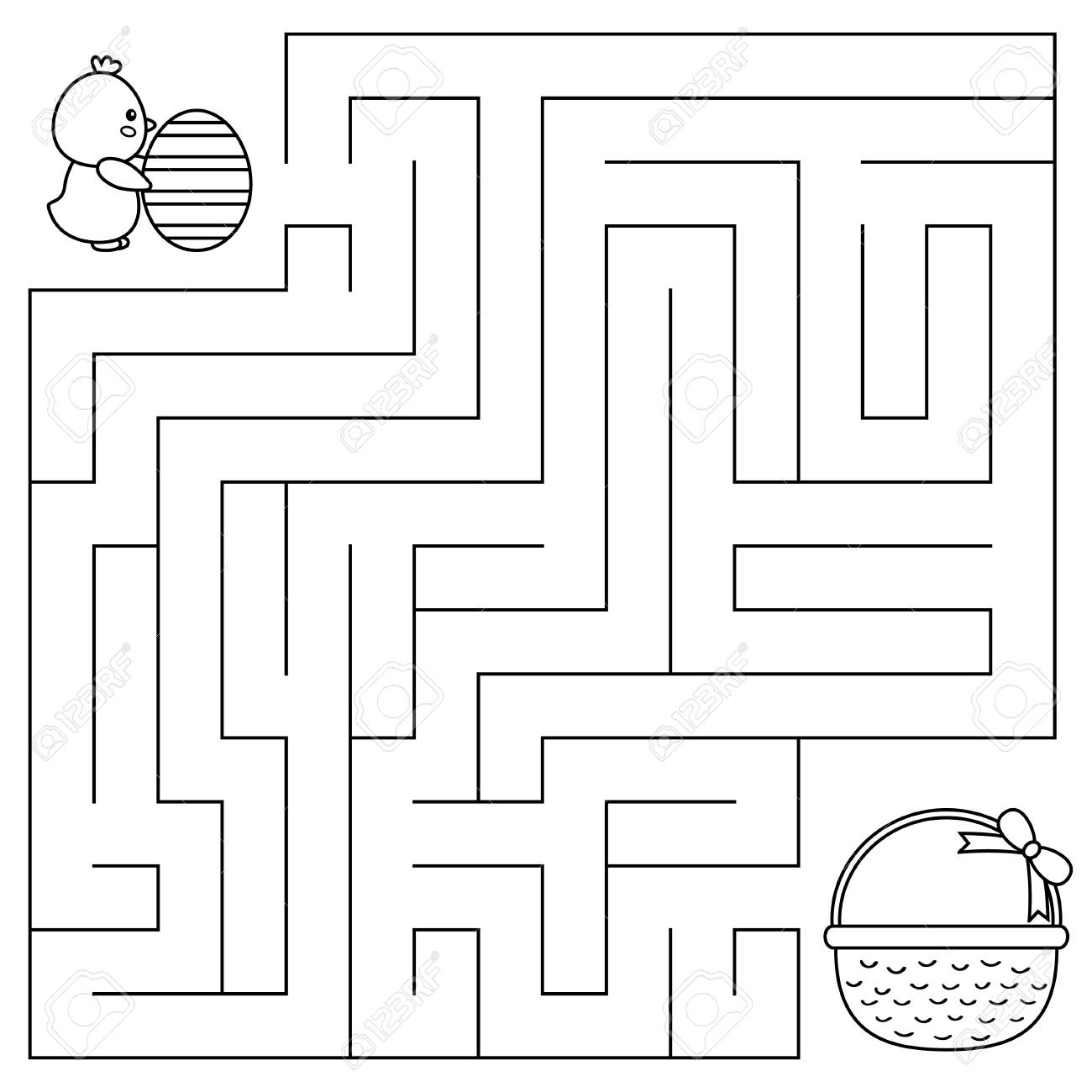 Easter maze game for preschool kids coloring page help the chick with egg find right way to the basket vector illustration royalty free svg cliparts vectors and stock illustration image