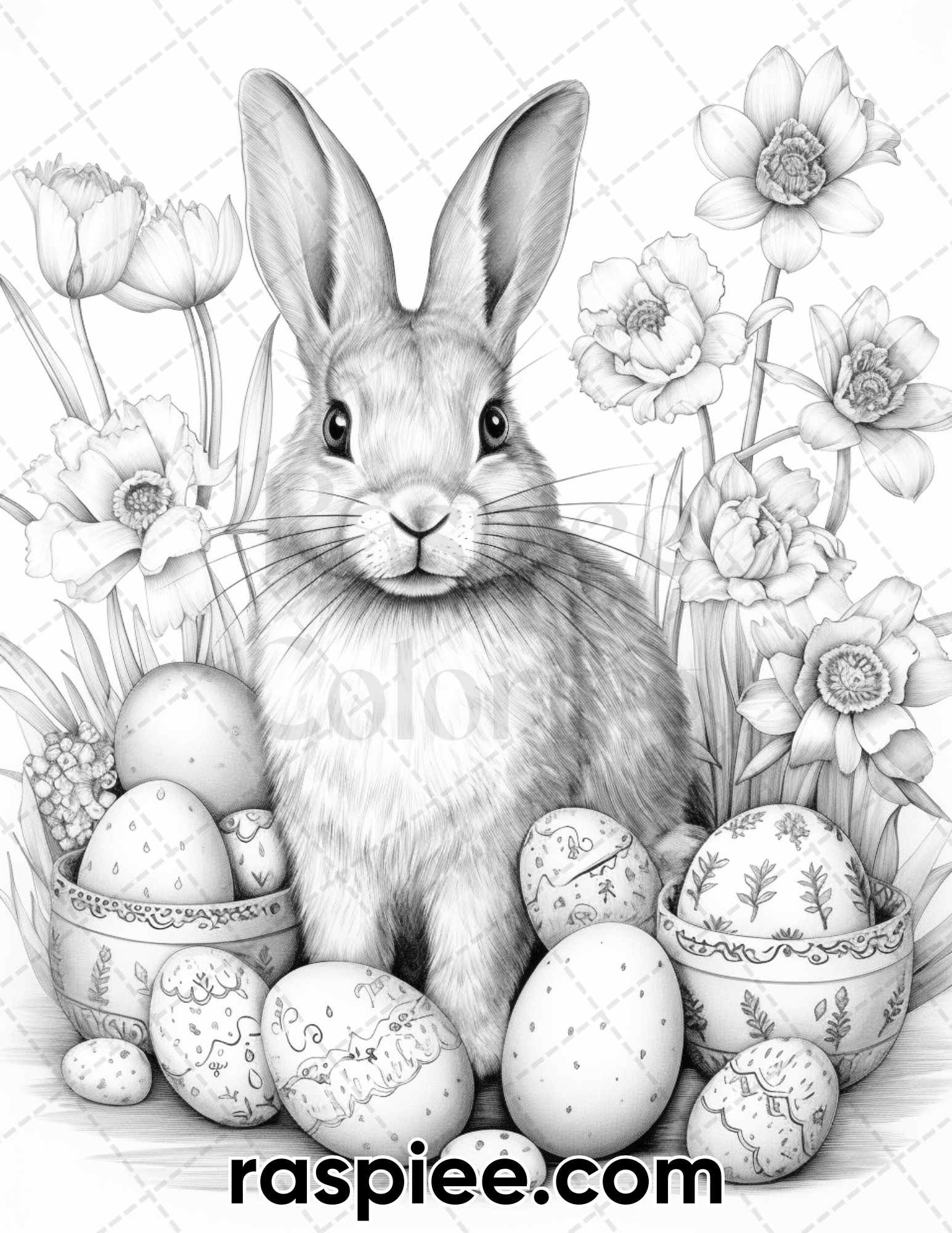 Easter bunny grayscale adult coloring pages printable pdf instant â coloring