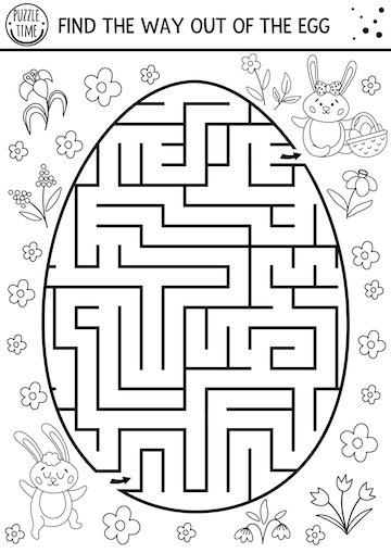 Premium vector easter black and white maze for children with cute bunnies in egg shape holiday outline preschool printable activity funny spring garden game or coloring page find the way out