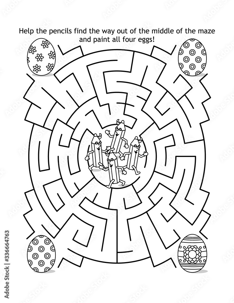 Easter maze game and coloring page for kids with pencils and painted eggs help the pencils find the way out of the middle of the maze and paint all four eggs