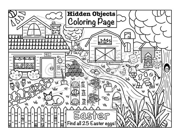 Easter egg hunt activity coloring page hidden eggs printout coloring puzzle printable farm search quarantine activity indoor egg hunt