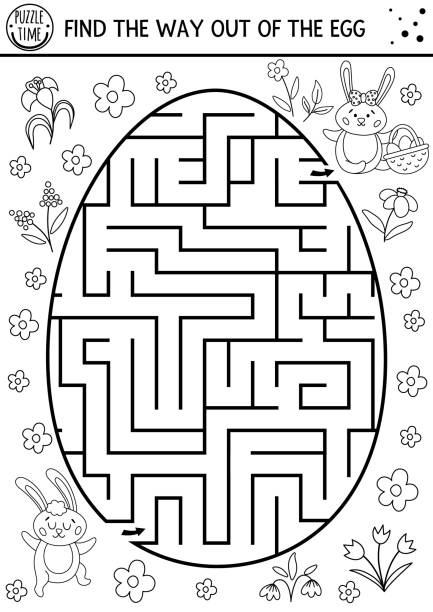 Easter black and white maze for children with cute bunnies in egg shape holiday outline preschool printable activity funny spring garden game or coloring page find the way out of the egg