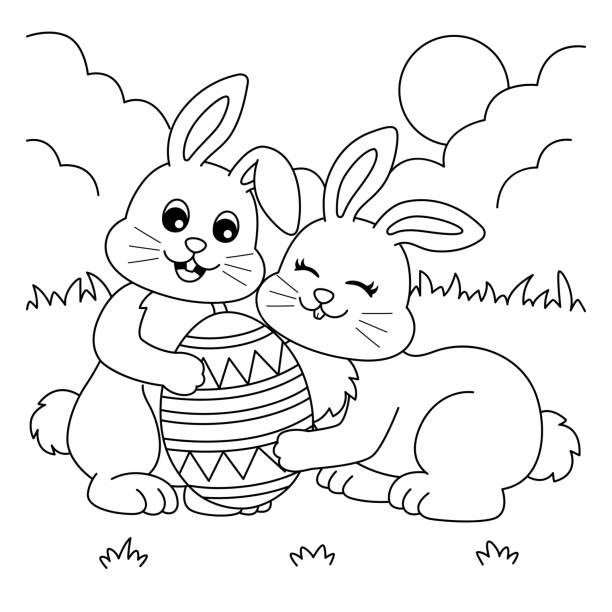 Rabbit with friend holding easter egg coloring stock illustration