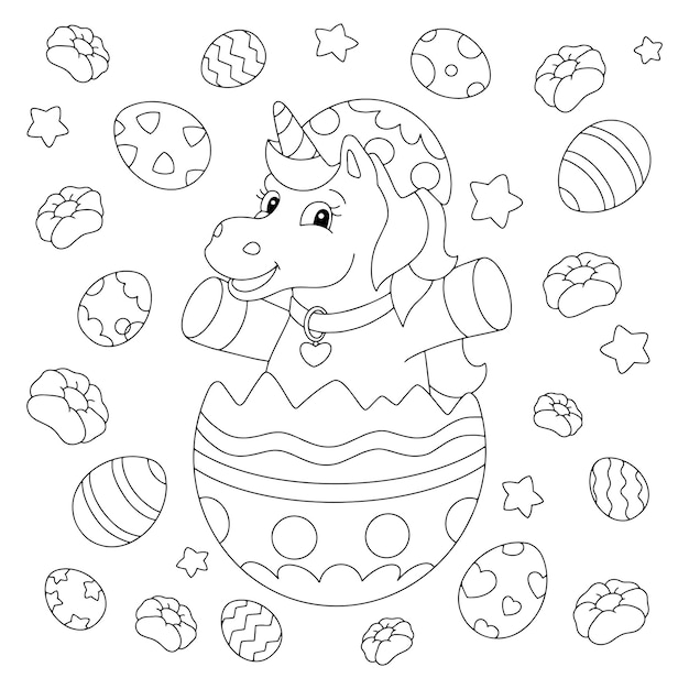 Premium vector cheerful unicorn celebrates easter coloring book page for kids