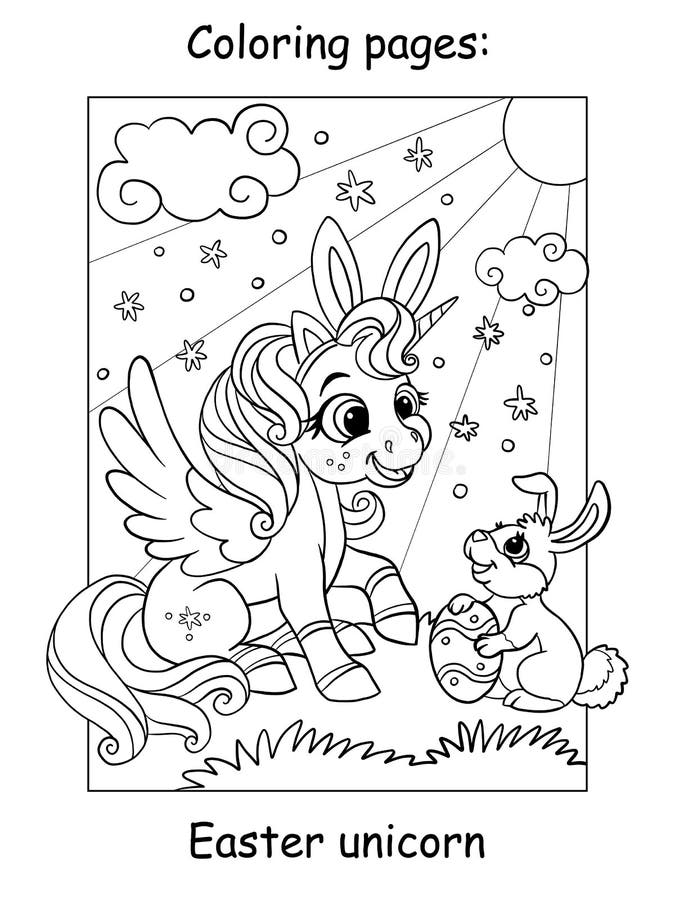 Coloring book page cute unicorn with easter bunny stock vector