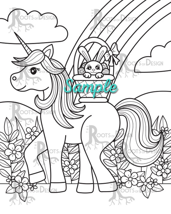 Instant download coloring page cute easter unicorn doodle art printable