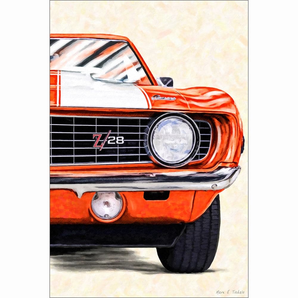 Camaro artwork â classic hugger orange art print by artist mark tisdale