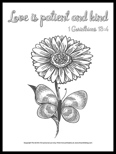 Free printable bible verse coloring page love is patient and kind â the art kit